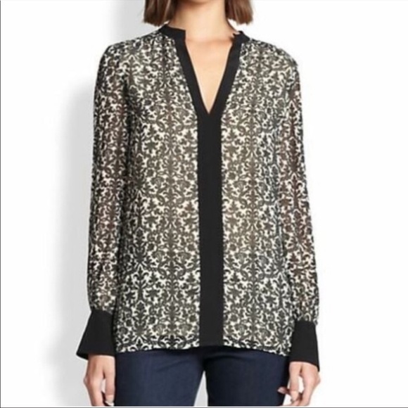 Tory Burch black solid trim printed silk semi-sheer split neck tunic 12 - Picture 12 of 13